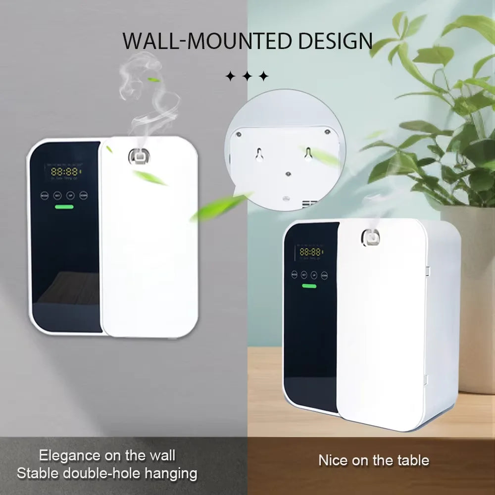 White wall-mounted and table-top air purifier with digital display, shown in two settings.