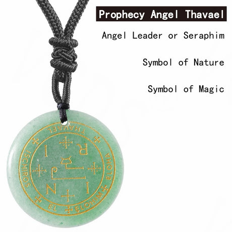Green pendant with gold symbols on a black cord, labeled 'Prophecy Angel Thavael'.
