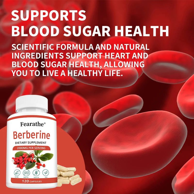 Supplement bottle with text about blood sugar health on a red background