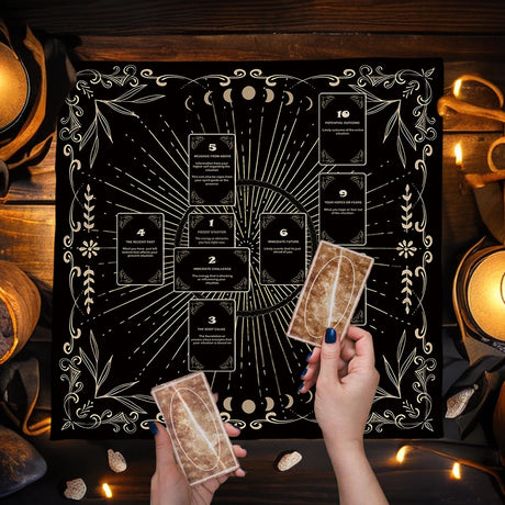 Person holding tarot cards in front of a decorative black and white tarot card layout with candles and stones on a wooden surface.
