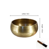 Brass singing bowl with dimensions on a white background