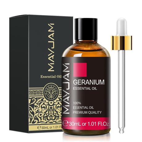 MayJam Geranium essential oil bottle with dropper and packaging on a white background