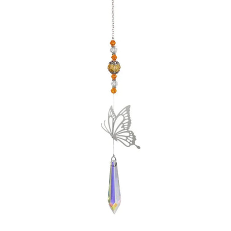 Butterfly-shaped decorative hanging with beads and a crystal on a white background
