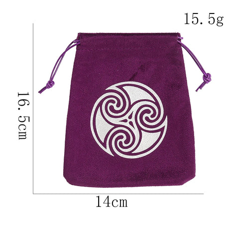 Purple drawstring pouch with a white symbol and measurements on a white background