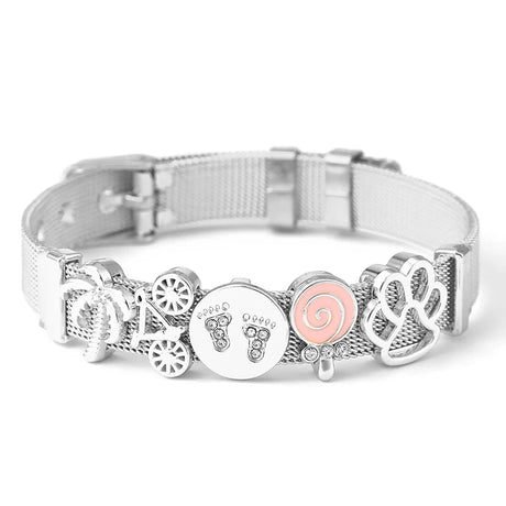 Silver bracelet with various charms on a white background