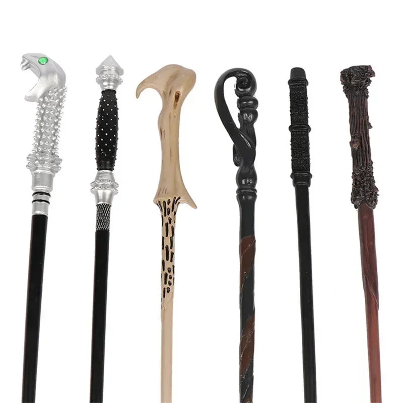 Set of decorative walking sticks with various designs on a white background