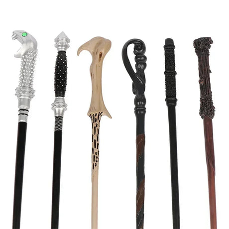 Set of decorative walking sticks with various designs on a white background