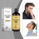 OceAura Hair & Body Wash bottle and packaging with a man smelling the product.