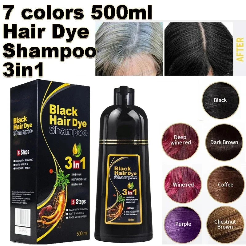 Black Hair Dye Shampoo packaging and product with color options and before/after images.