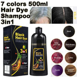 Black Hair Dye Shampoo packaging and product with color options and before/after images.