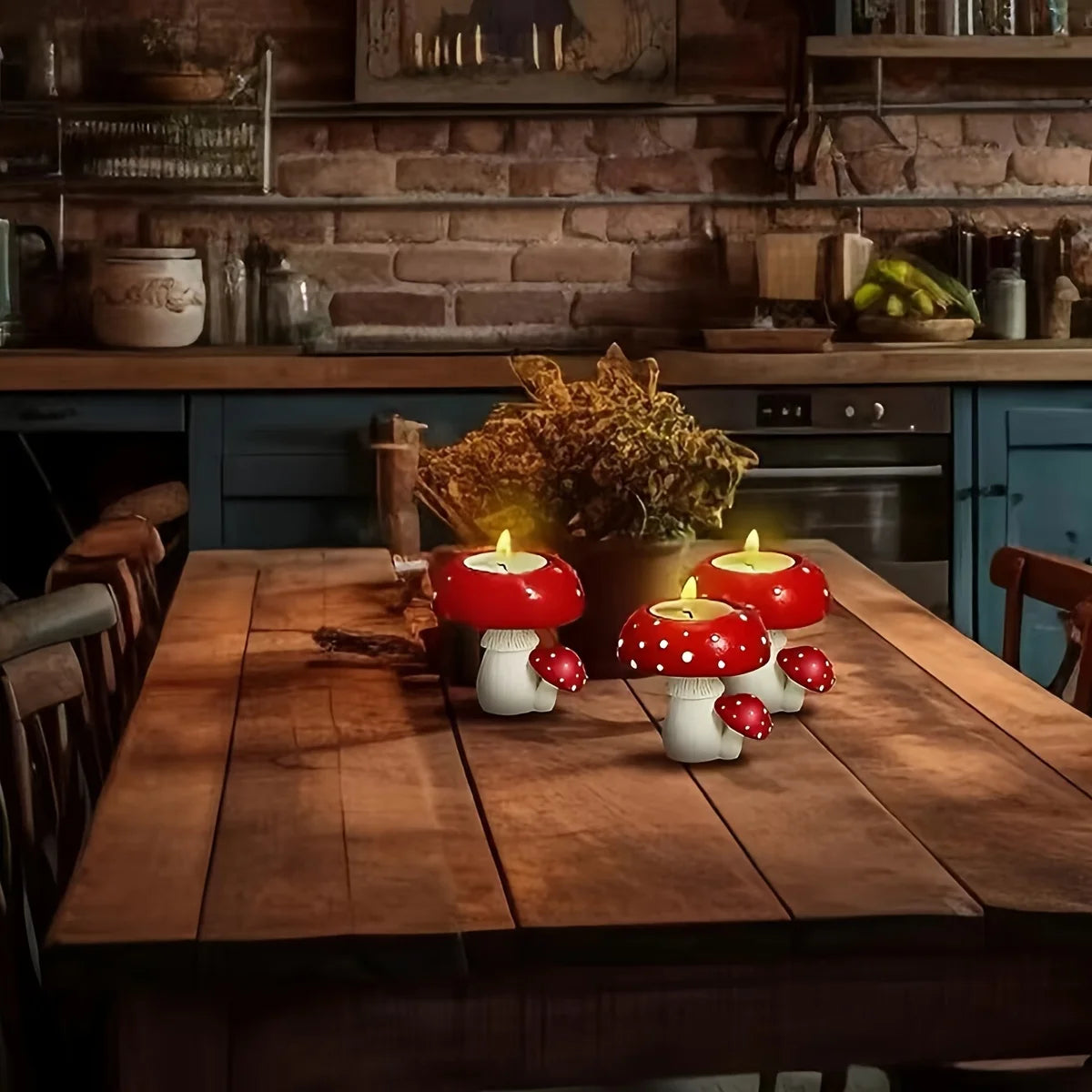Wooden table with red and white mushroom-shaped candles in a rustic kitchen setting.