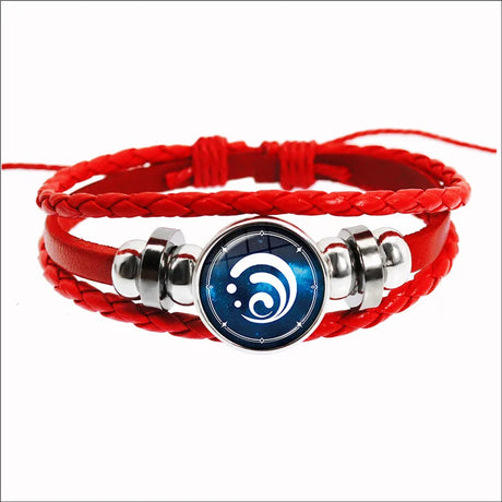Red braided bracelet with a blue and white circular emblem on a white background