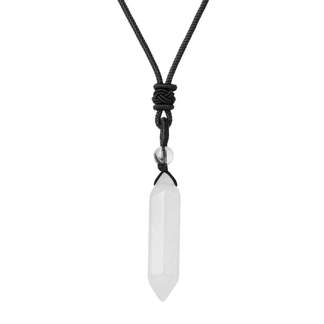 Necklace with a white crystal pendant on a black cord against a white background