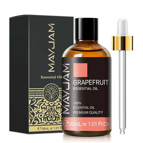 Mayuami Grapefruit Essential Oil bottle with dropper and packaging on a white background