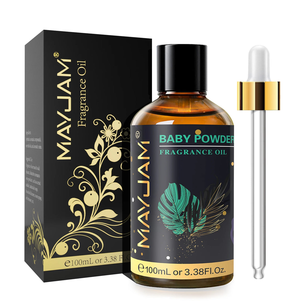 MayJam Baby Powder Fragrance Oil bottle with dropper and packaging on a white background