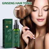 OUHOE Ginseng Hair Tonic with a woman touching her hair and close-up of hair.
