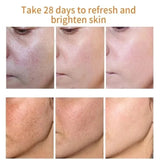 Before and after skin improvement showing a woman's face with text 'Take 28 days to refresh and brighten skin'.