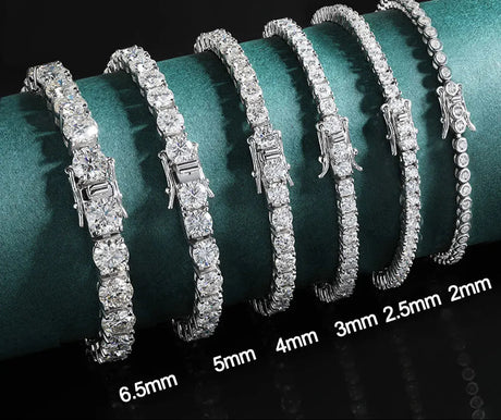 Set of diamond bracelets with size measurements on a dark background, featuring K.NOBSPIN branding.