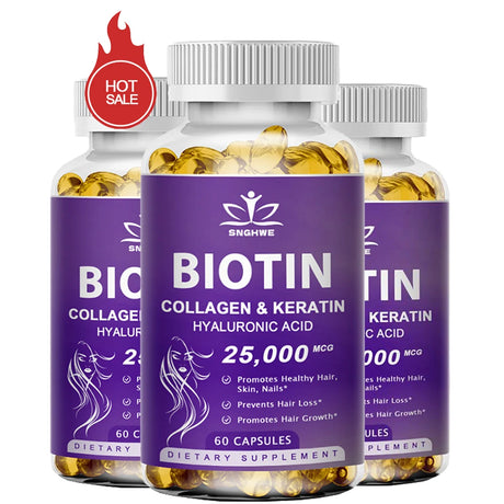 Biotin supplement bottles with purple labels on a white background