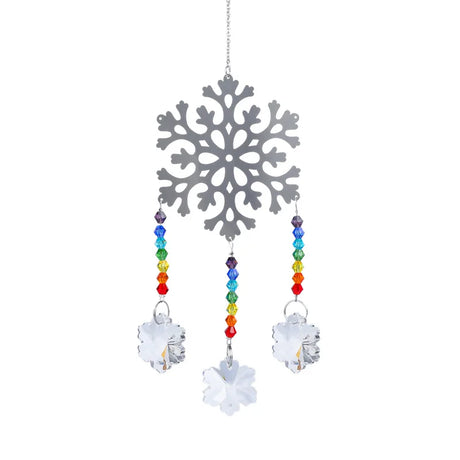 Decorative hanging ornament with a snowflax design and rainbow beads on a light background
