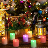 Decorative setup with candles, lantern, and Christmas tree in the background
