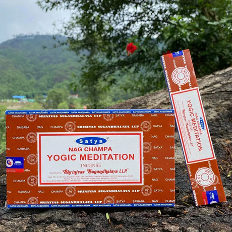 Satya Nag Champa Yogic Meditation incense packaging on a natural background