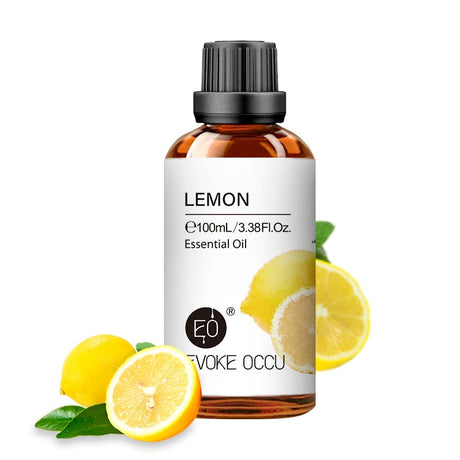Bottle of lemon essential oil with Evoke Occu branding on a white background