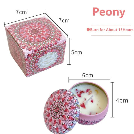 Pink candle in a decorative tin with measurements and 'Peony' label.