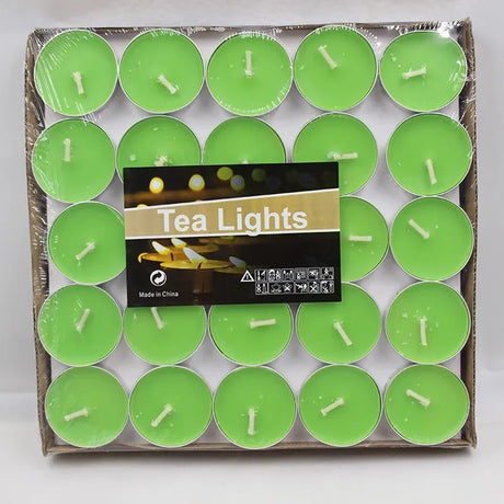 Box of green tea lights with a visible brand label on a white background