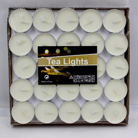 Box of tea lights with a label indicating 'Tea Lights' on a white background