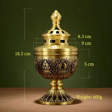 Gold-colored decorative urn with measurements and weight displayed on a green background