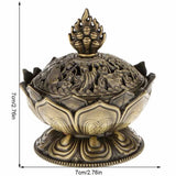 Decorative bronze incense burner with intricate designs and dimensions indicated.