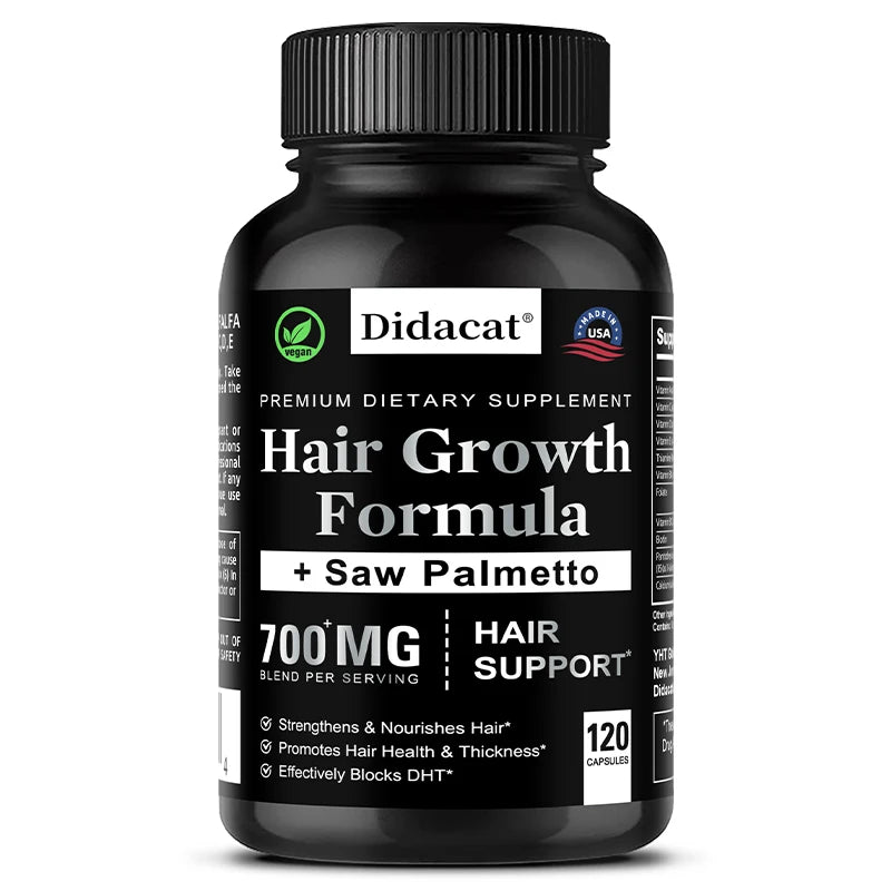 Black supplement bottle labeled 'Hair Growth Formula + Saw Palmetto' by Didacat on a white background