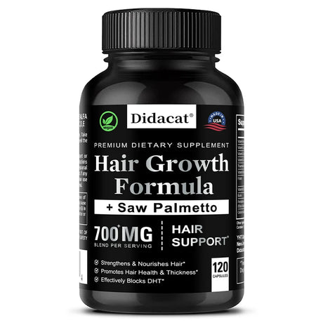 Black supplement bottle labeled 'Hair Growth Formula + Saw Palmetto' by Didacat on a white background
