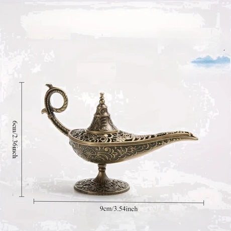 Decorative genie lamp with measurements on a white background