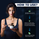 Woman holding a jar of Shilajit resin with usage instructions on a dark background