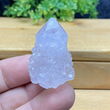 Clear crystal held in a hand with a blurred green plant and wooden surface in the background