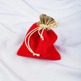 Red velvet drawstring bag with gold drawstring on a white background