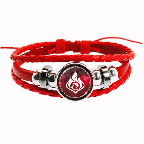 Red braided bracelet with silver beads and a central emblem on a white background