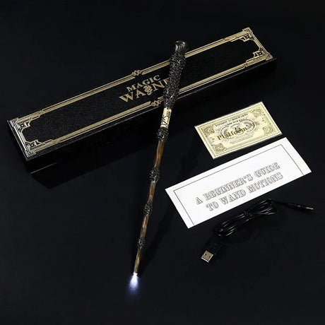 Light-up magic wand with packaging, USB cable, and guide on a black background
