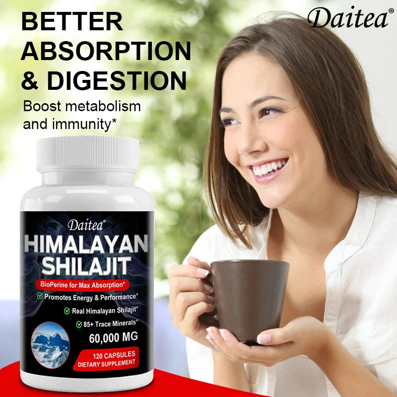 Daitea Himalayan Shilajit supplement bottle with a woman holding a mug outdoors