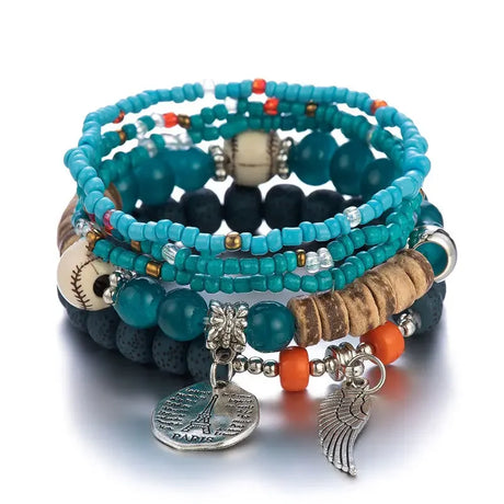 Stack of colorful beaded bracelets with various charms on a white background