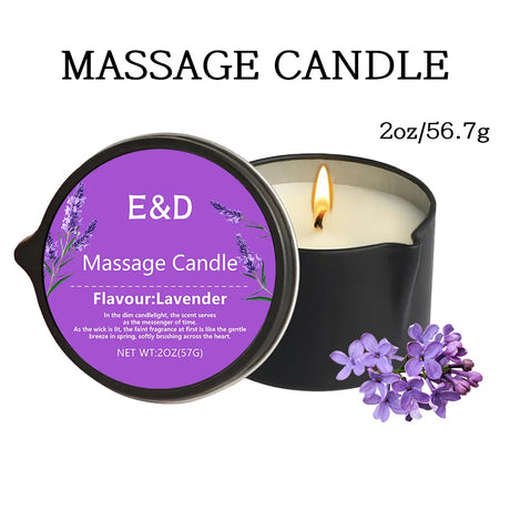 Massage candle with lavender flavor, E&D brand, on a white background