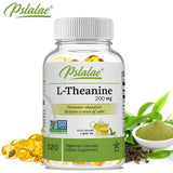 Psilalae L-Theanine supplement bottle with green tea leaves and powder on a white background