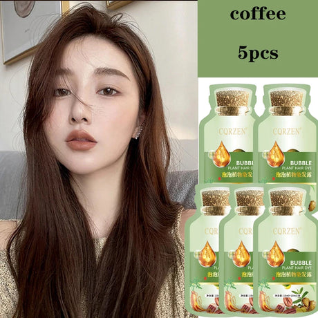 Woman with long brown hair next to packages of FORZEN bubble plant hair dye.