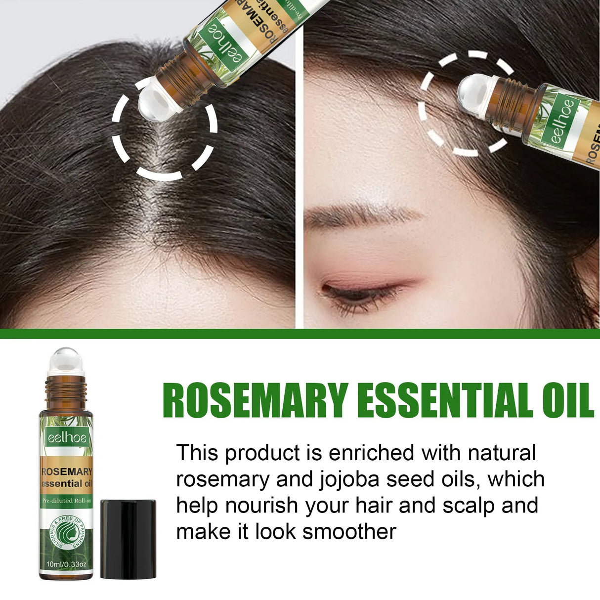 Rosemary essential oil being applied to hair with text about its benefits.