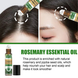 Rosemary essential oil being applied to hair with text about its benefits.