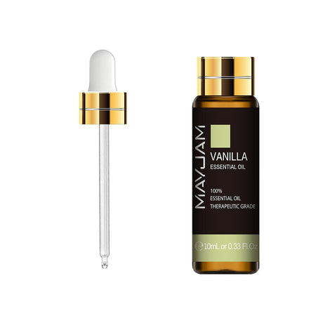 MayJam vanilla essential oil bottle with dropper on a white background
