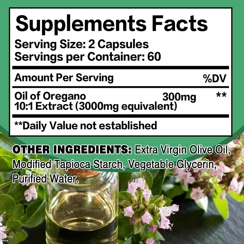 Supplement label with oil of oregano extract and green background