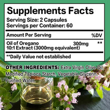 Supplement label with oil of oregano extract and green background